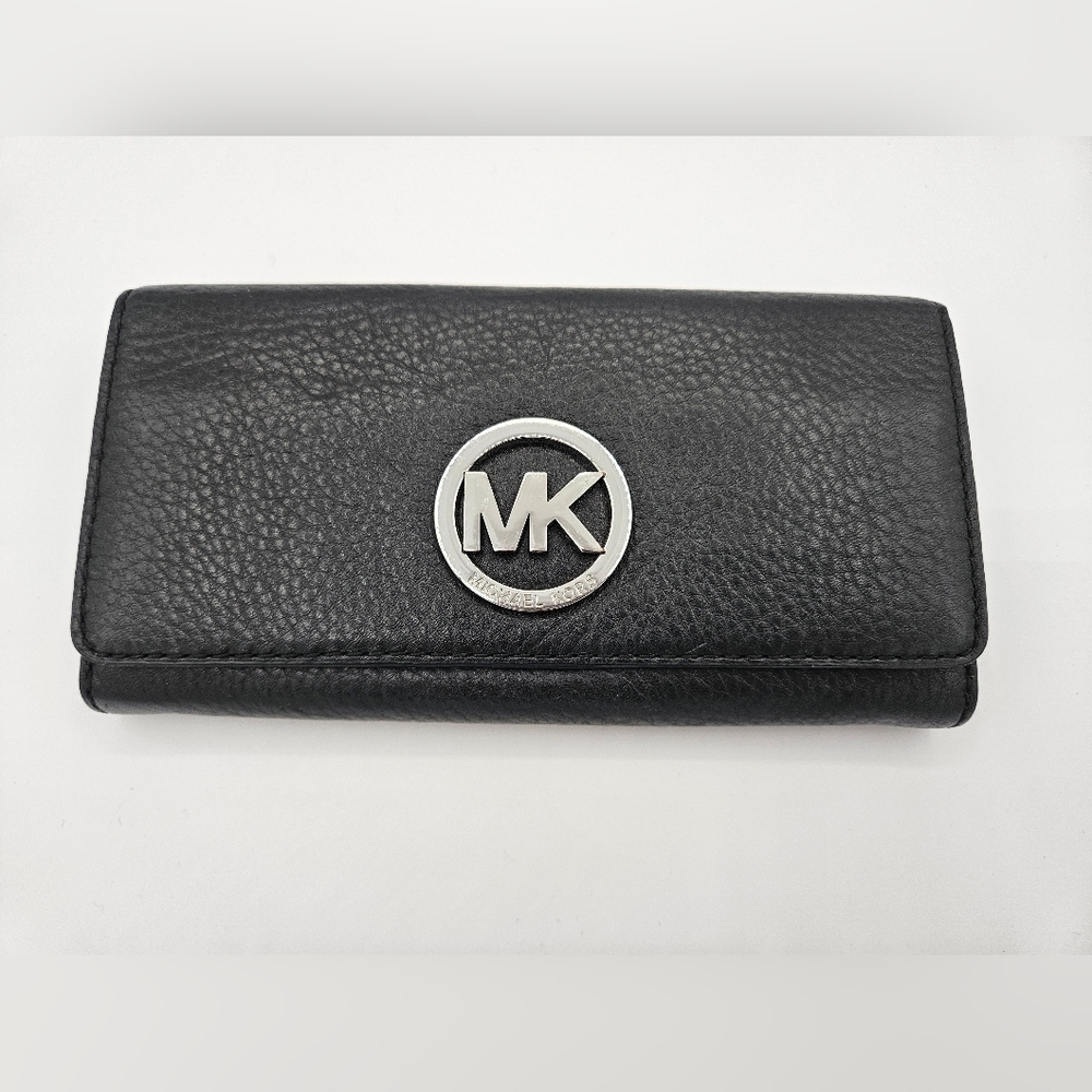 Michael Kors Black Grained Leather Long Fulton Flap Continental Wallet